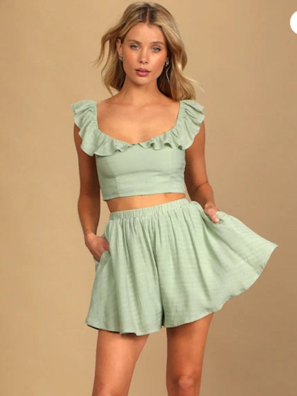 Lululs Spring to It Sage Green Off-the-Shoulder Two-Piece Romper